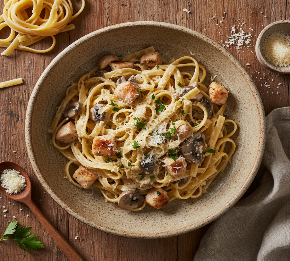Fettucini Alfredo with chicken and mushroom